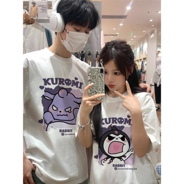 庫洛米情侶短袖夏裝2025新款同色系高級感套裝ins潮牌一男一女T恤