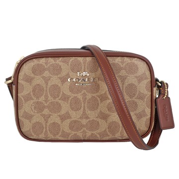 COACH 防水帆布咖非皮飾邊拉鍊小斜背包