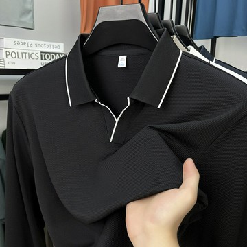 長袖男t恤純色翻領剪刀領錦綸透氣秋冬新款百搭時尚高級感男士t恤鑫弘-衣錦男裝