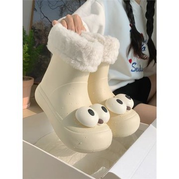 細細條 可愛大眼睛防水防滑雪地靴女冬季保暖加絨中筒靴東北棉鞋