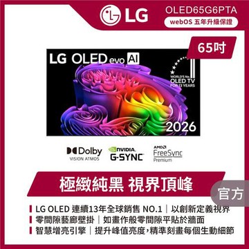 LG 樂金 OLED evo AI 4K 智慧顯示器 G6 零間隙藝廊系列-OLED65G6PTA