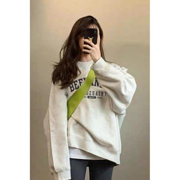 美式白灰色衛衣女春秋季2024新款韓版設計感小眾加絨圓領無帽上衣 女裝上衣 衛衣 秋冬上衣 大學t 女裝衛衣