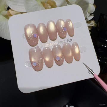 ➕最新設計款穿戴甲💅【裸粉星光】裸粉珠光幻彩星星手工美甲溫柔僊女風穿戴式甲片成品短橢圓穿戴甲 XFD3