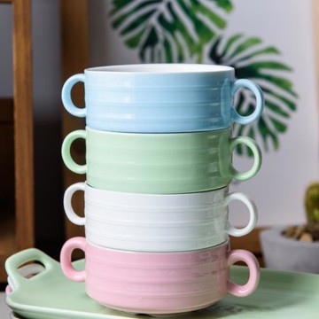 日式創意餐具雙線陶瓷碗帶耳朵湯盅 兒童吃飯碗寶寶帶把小碗純色