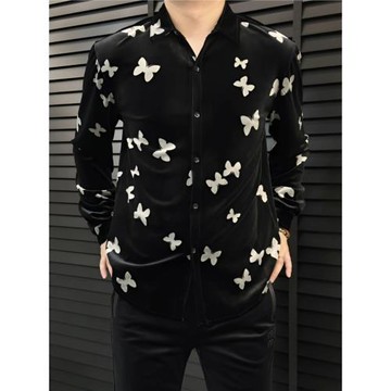 秋季新款輕奢時尚歐貨男士金絲絨長袖襯衫個性蝴蝶彈力舒適襯衣