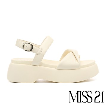 MISS 21 舒適好感澎澎扭結雙寬帶羊皮厚底涼鞋－米白