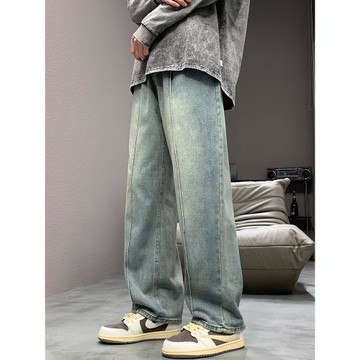復古黃泥牛仔褲男春夏港風ins潮牌寬松直筒水洗做舊男生闊腿褲子