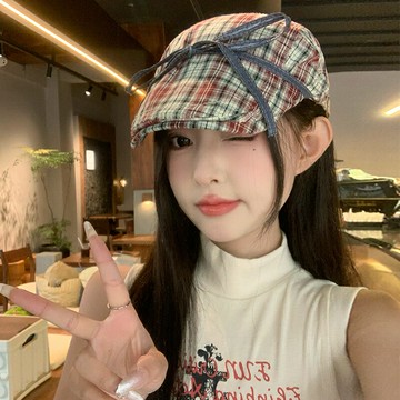 貝雷帽 八角帽 帽子英倫風蝴蝶結格紋前進帽女2024新款復古百搭報童帽子顯臉小貝雷帽【MJ1947604】