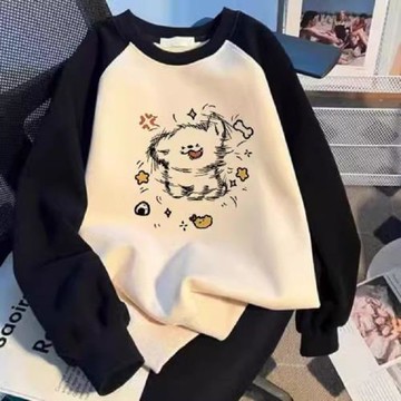 中大童撞色無帽衛衣秋冬新款寬松洋氣女童卡通圓領上衣插肩打底衫