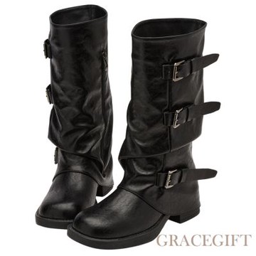 【Grace Gift】慵懶率性皮帶扣皺褶厚底海盜靴 黑