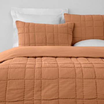 奧可利雙層皺皺紗绗縫純棉床包兩用被組雙人 格子橘