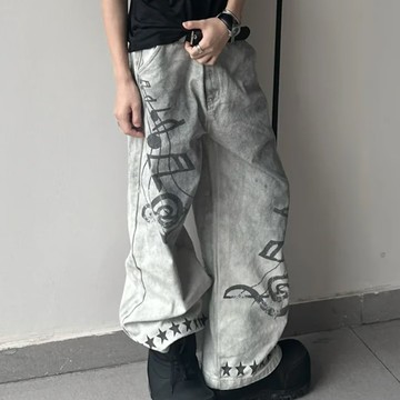 新款百搭百搭闊牛仔長褲男破褲拖地褲潮流直筒高街褲子男