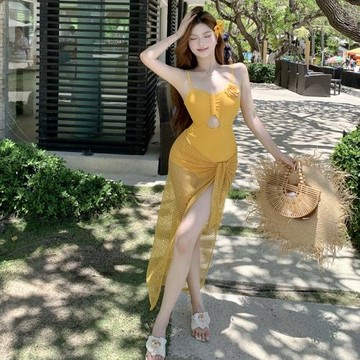 小香風顯白比基尼分體女士長裙紗巾性感純欲風山茶花沙灘度假泳衣