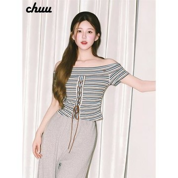 【趙露思同款】CHUU條紋短袖T恤女2026夏季字母抽繩系帶露肩上衣