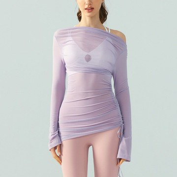 現貨+預購 女 短袖運動服T恤瑜珈服親膚透氣速乾-長袖單邊抽褶罩衫4色74ld13【獨家進口】【米蘭精品】