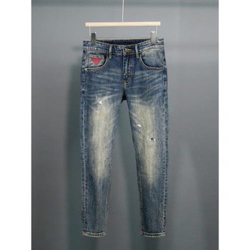 新款九分牛仔褲男士韓版復古藍色水洗休閑假破痞帥彈力修身小腳褲