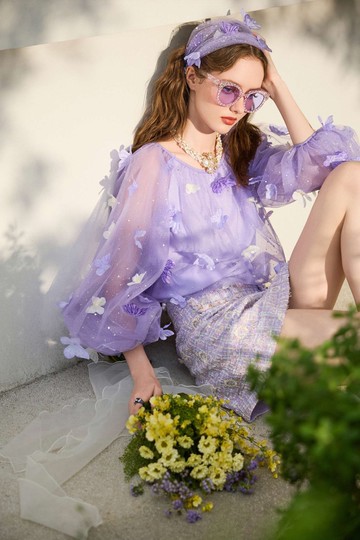 閃亮柔紫色網紗上衣