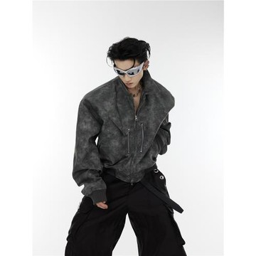 CulturE24ss小眾波點漸變粉墊肩短款夾克外套金屬拉鏈設計感皮衣