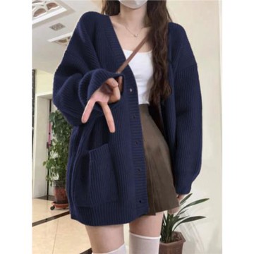 V領學生羊絨毛衣開衫女軟糯慵懶風寬松中長款高級感羊毛針織衫潮