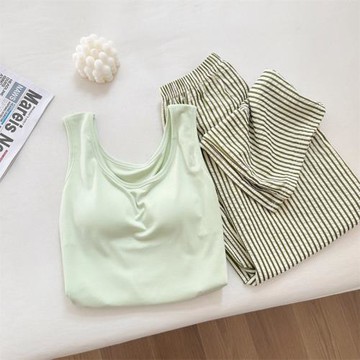 薄荷曼波綠吊帶睡衣女款夏季薄款莫代爾帶胸墊背心長褲純色家居服