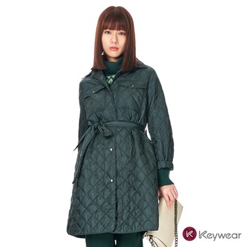 KeyWear奇威名品    翻領鋪棉綁帶收腰外套-綠色