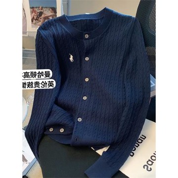 品牌學院風刺繡麻花毛衣外套女秋季新款時尚百搭圓領洋氣針織開衫