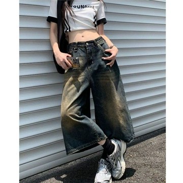 【隔日到貨】【T-2】❤做舊藍高腰闊腿牛仔短褲女 夏季新款小個子七分褲 寬鬆顯瘦直筒中褲