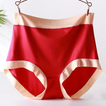 110-240斤紅色冰絲緞面絲滑胖mm大碼內褲女高腰撞色性感三角褲