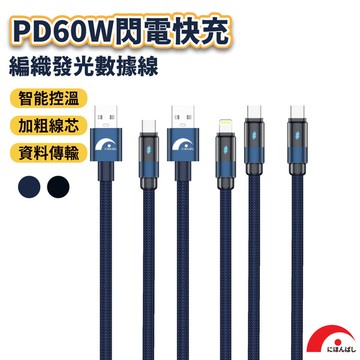 【JPB】PD60W快充編織發光數據線(1.2M) 編織充電線 充電線 快充線 現貨 快速出貨