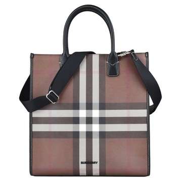BURBERRY 巴寶莉  Denny系列黑字LOGO標誌格紋手提斜背托特包(深褐格紋)