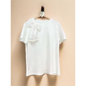 2024夏季休閑蝴蝶結圓領短袖T恤女新款設計感顯瘦短上衣重工ins潮