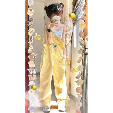 美式高街牛仔背帶褲女夏季2025新款寬松復古高腰直筒小個子闊腿褲