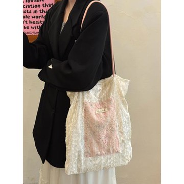 宋茜同款珠光蕾絲帆布包女2025新款大容量通勤托特包學生單肩包