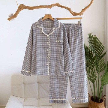 【現貨】洋裝睡衣春季長袖長褲格子蕾絲花邊睡衣女士春秋夏季純棉長袖薄款家居服可外穿寬鬆
