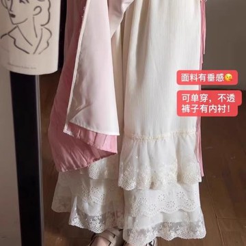旗袍連衣裙漢服襯褲內搭秋冬復古米色松緊百搭蕾絲花邊打底闊腿褲