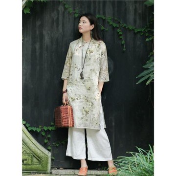 念江南茶服旅游女裝斜襟改良旗袍中長款中國風復古印花苧麻連衣裙