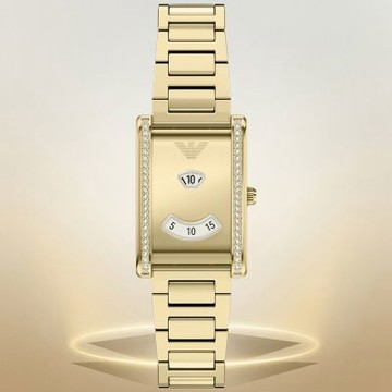 EMPORIO ARMANI 亞曼尼 Mystery Hour 晶鑽時尚復古磅秤設計女錶 開學購物季 送禮首選-金/21x32mm AR11812