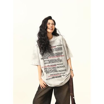 野生阿子美式街頭廢土風做臟噴染設計感短袖T恤男女夏季潮牌半袖