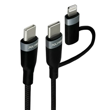 POLYWELL 寶利威爾 USB-C To C+Lightning PD編織快充線  2m  黑色  1條