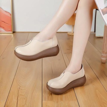 9853酒紅厚底單鞋軟底真皮媽媽鞋松糕鞋皮鞋民族風復古原創中縫鞋