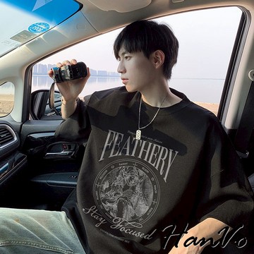 【HanVo】男款美式印花寬鬆純棉T恤 潮流寬鬆休閒百搭 潮流日常T 男生衣著 B01-1111