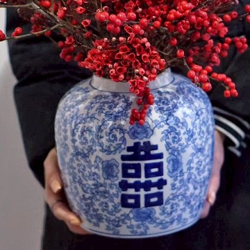 景德鎮陶瓷青花瓷圓罐裝飾花瓶擺件喜字中式客廳博古架家居裝飾品