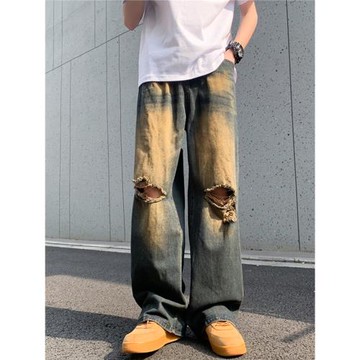 美式高街復古水洗做舊黃泥破洞牛仔褲男夏季寬松直筒垂感闊腿褲子