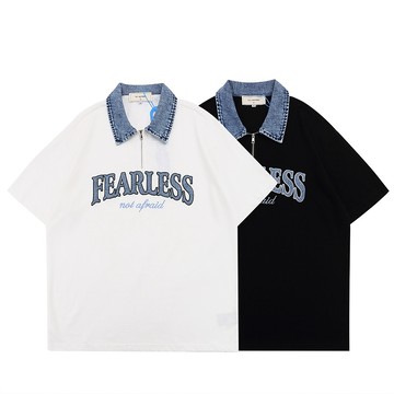 【OTIS】 【現貨】 牛仔布拼接設計 FEARLESS 拉鍊牛仔POLO 短袖 街頭 寬鬆 歐美 風格 VIBE 日系
