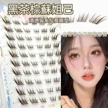 【台灣出貨】短款棕色免膠假睫毛 蘇妲己短款單簇分段式狐係斜飛濃密自然仿真狐狸眼假睫毛 仙子毛 免膠仙子毛 假睫毛