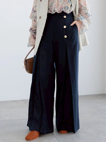 時尚壓褶金釦喇叭長褲(0F000497510) - Te chichi