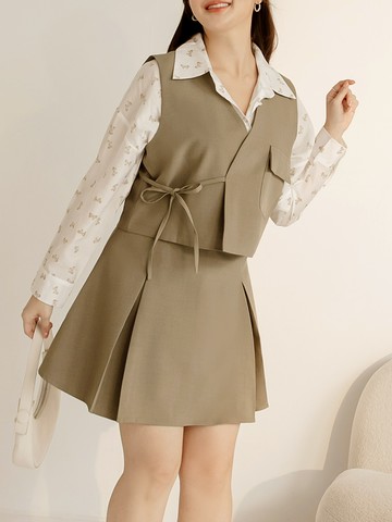 V領西裝套裝綁帶開襟短版背心