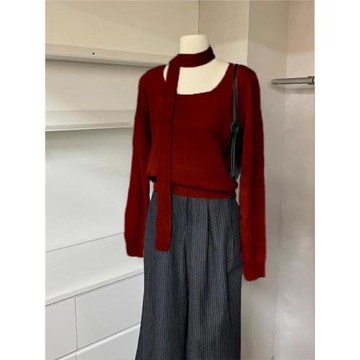 安可拉紅大領口飄帶針織衫女2025春秋別致漂亮外穿毛衣高級感上衣