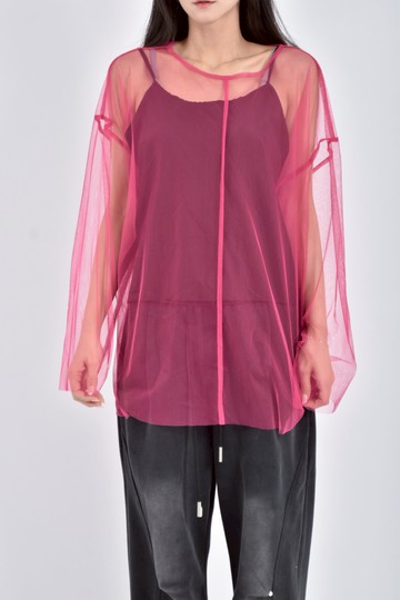 (2XL) select moca質感紡紗透膚罩衫感粉色長袖上衣