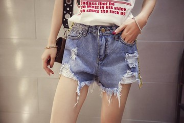 FINDSENSE MD 時尚 女 潮 休閒 百搭 破洞 磨邊 黃色織帶 牛仔短褲 熱褲 休閒短褲